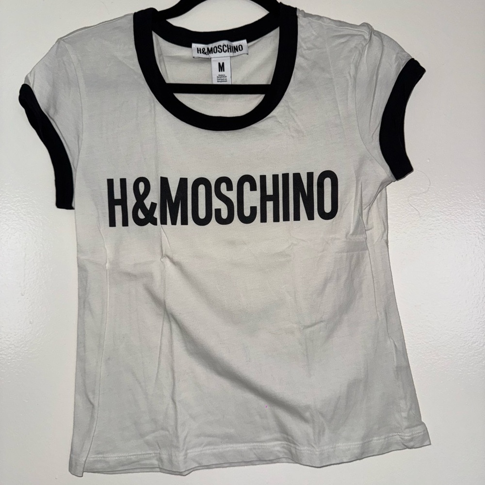 Moschino White and Navi Blue Logo T-Shirt